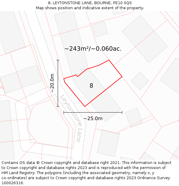8, LEYTONSTONE LANE, BOURNE, PE10 0QS: Plot and title map