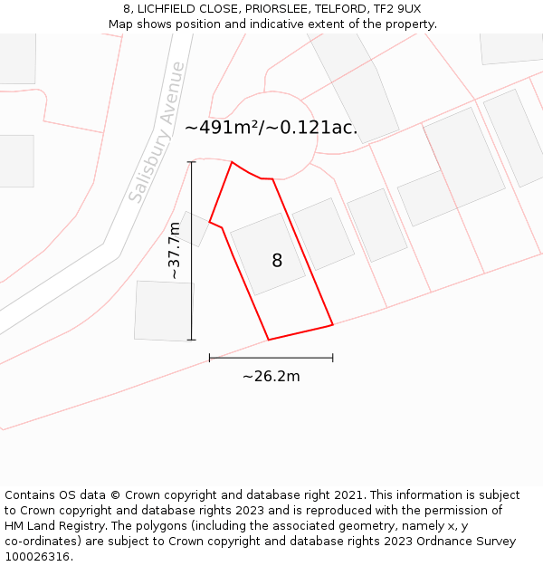 8, LICHFIELD CLOSE, PRIORSLEE, TELFORD, TF2 9UX: Plot and title map
