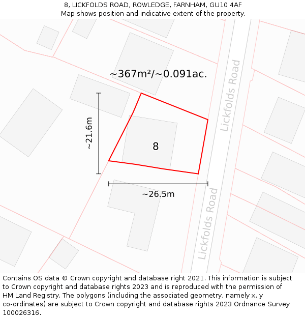 8, LICKFOLDS ROAD, ROWLEDGE, FARNHAM, GU10 4AF: Plot and title map