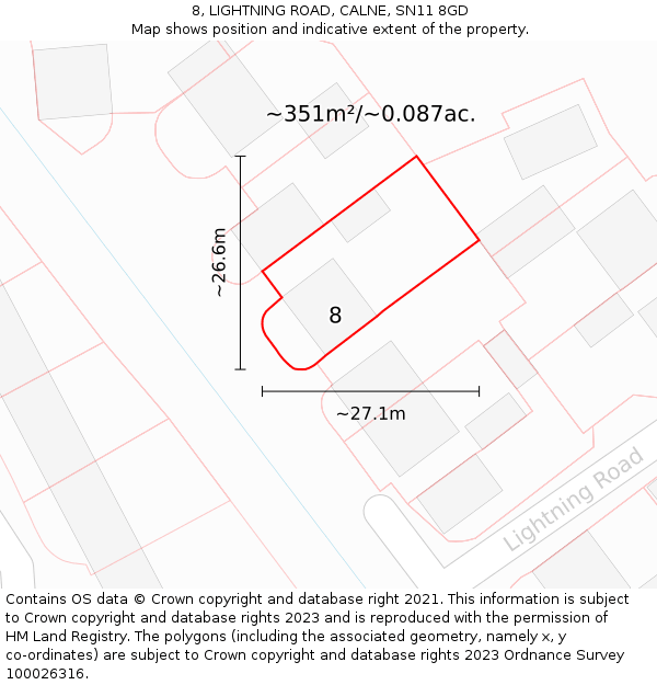 8, LIGHTNING ROAD, CALNE, SN11 8GD: Plot and title map