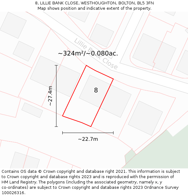 8, LILLIE BANK CLOSE, WESTHOUGHTON, BOLTON, BL5 3FN: Plot and title map