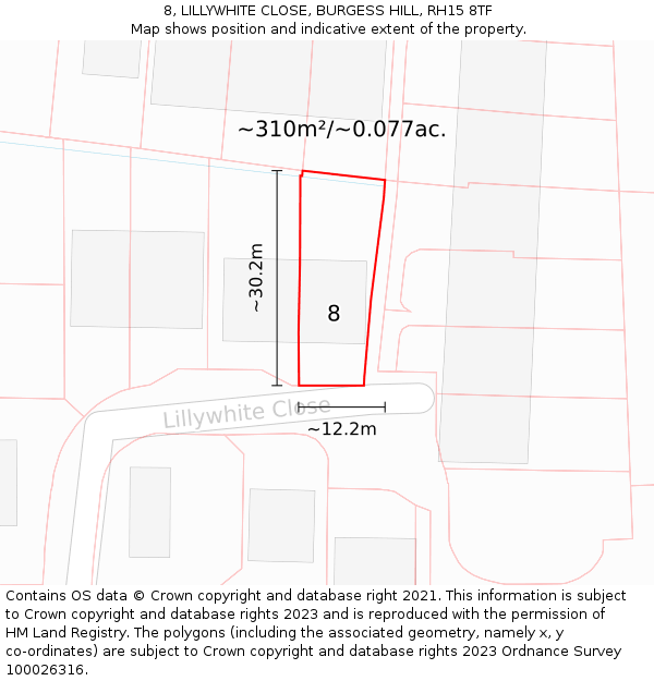 8, LILLYWHITE CLOSE, BURGESS HILL, RH15 8TF: Plot and title map