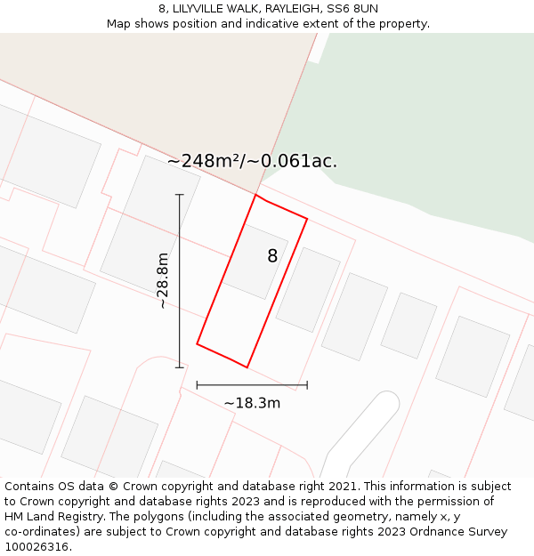 8, LILYVILLE WALK, RAYLEIGH, SS6 8UN: Plot and title map