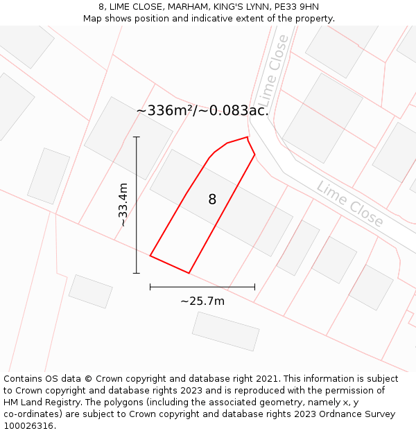 8, LIME CLOSE, MARHAM, KING'S LYNN, PE33 9HN: Plot and title map