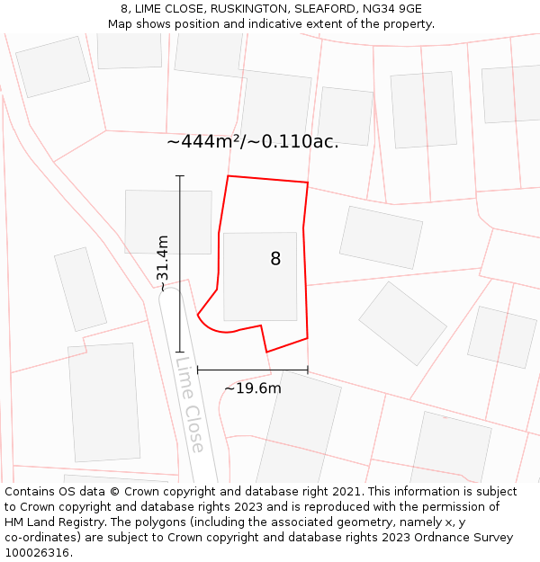 8, LIME CLOSE, RUSKINGTON, SLEAFORD, NG34 9GE: Plot and title map