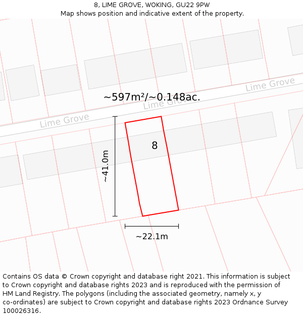 8, LIME GROVE, WOKING, GU22 9PW: Plot and title map