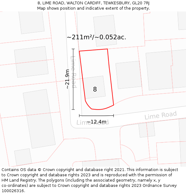 8, LIME ROAD, WALTON CARDIFF, TEWKESBURY, GL20 7RJ: Plot and title map