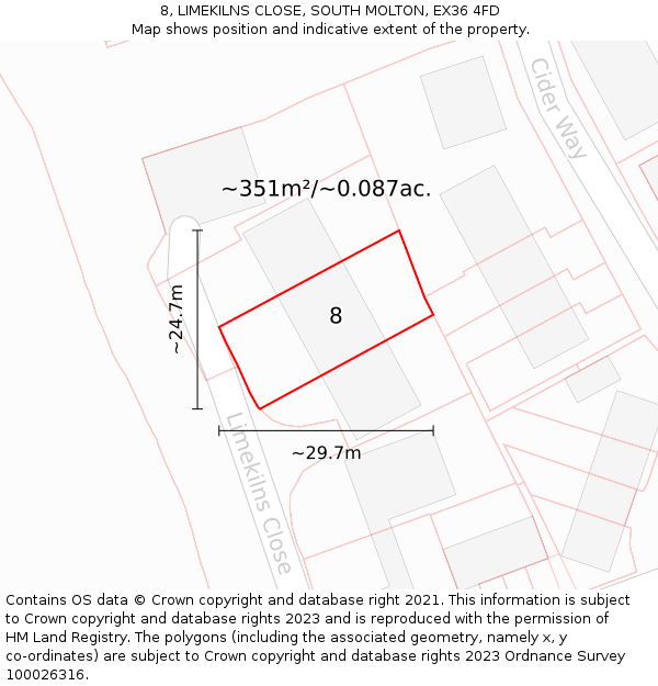 8, LIMEKILNS CLOSE, SOUTH MOLTON, EX36 4FD: Plot and title map
