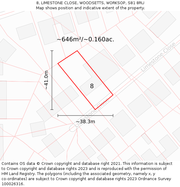 8, LIMESTONE CLOSE, WOODSETTS, WORKSOP, S81 8RU: Plot and title map