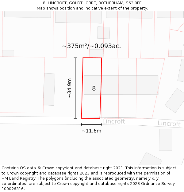 8, LINCROFT, GOLDTHORPE, ROTHERHAM, S63 9FE: Plot and title map