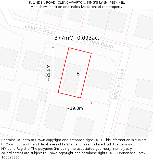 8, LINDEN ROAD, CLENCHWARTON, KING'S LYNN, PE34 4EL: Plot and title map