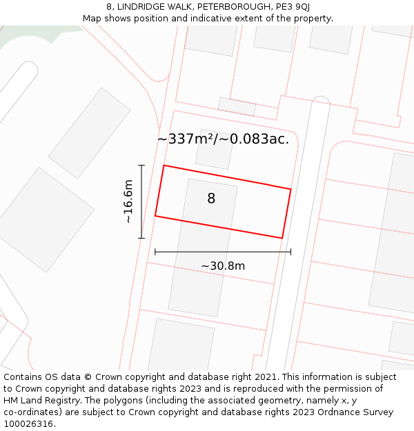 8, LINDRIDGE WALK, PETERBOROUGH, PE3 9QJ: Plot and title map