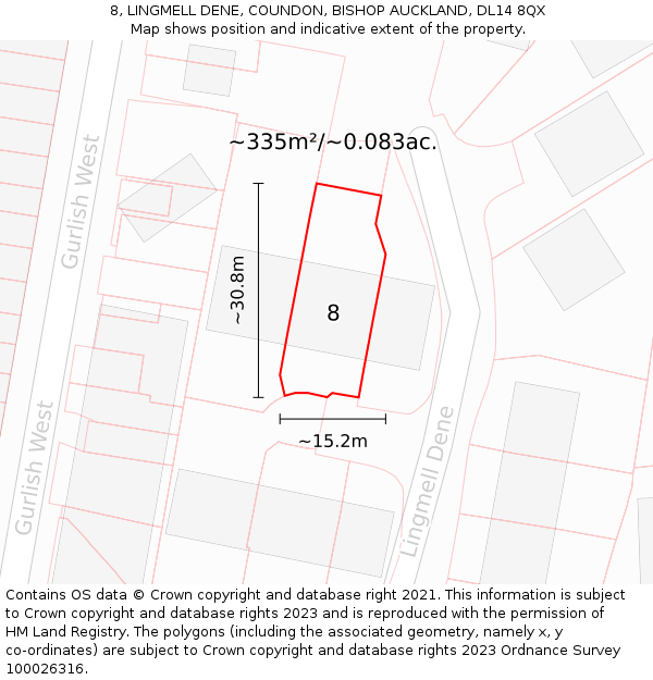 8, LINGMELL DENE, COUNDON, BISHOP AUCKLAND, DL14 8QX: Plot and title map