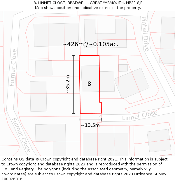 8, LINNET CLOSE, BRADWELL, GREAT YARMOUTH, NR31 8JF: Plot and title map
