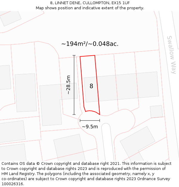 8, LINNET DENE, CULLOMPTON, EX15 1UF: Plot and title map