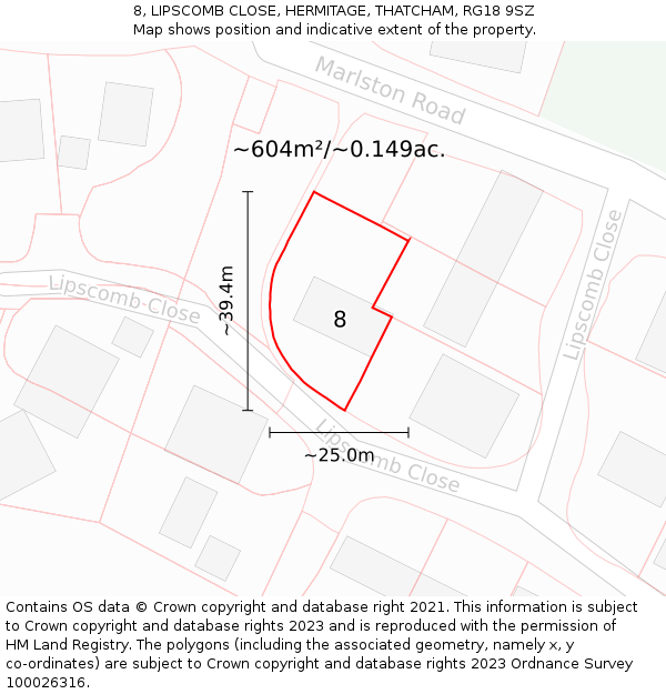 8, LIPSCOMB CLOSE, HERMITAGE, THATCHAM, RG18 9SZ: Plot and title map