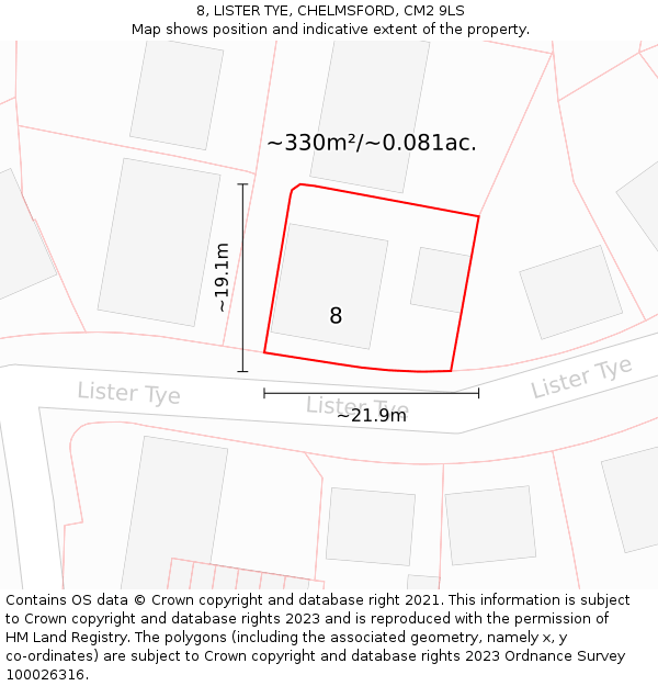 8, LISTER TYE, CHELMSFORD, CM2 9LS: Plot and title map