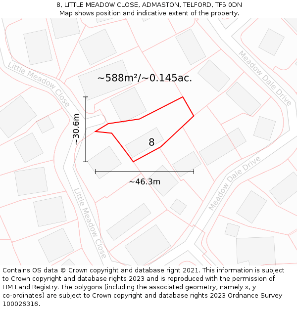 8, LITTLE MEADOW CLOSE, ADMASTON, TELFORD, TF5 0DN: Plot and title map