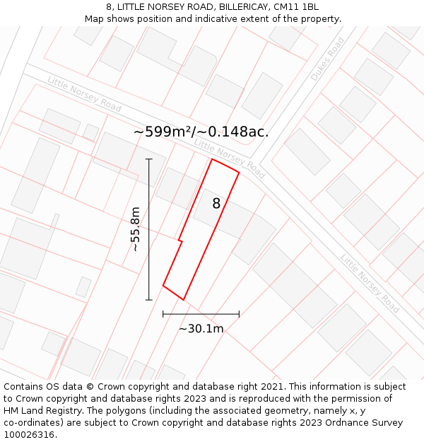 8, LITTLE NORSEY ROAD, BILLERICAY, CM11 1BL: Plot and title map