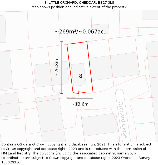 8, LITTLE ORCHARD, CHEDDAR, BS27 3LS: Plot and title map