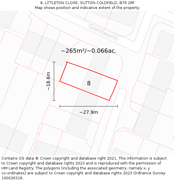 8, LITTLETON CLOSE, SUTTON COLDFIELD, B76 2RF: Plot and title map