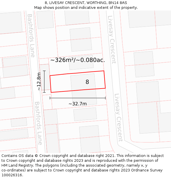 8, LIVESAY CRESCENT, WORTHING, BN14 8AS: Plot and title map