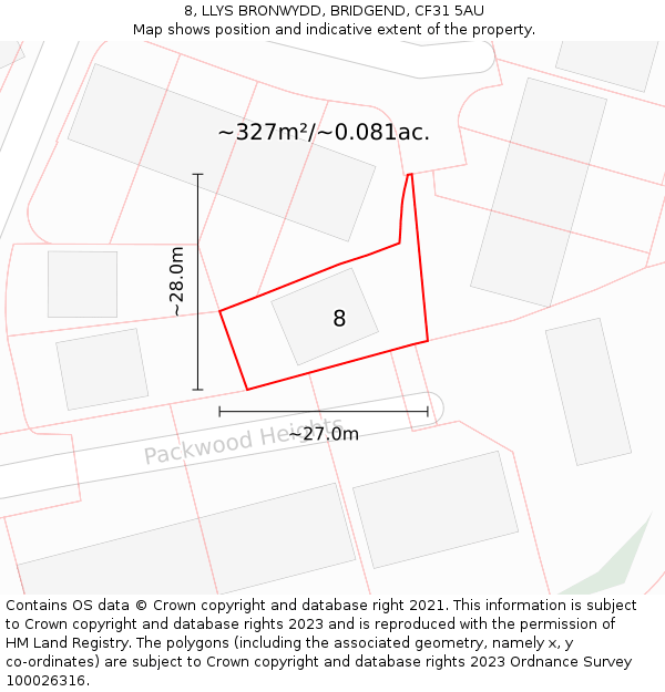 8, LLYS BRONWYDD, BRIDGEND, CF31 5AU: Plot and title map