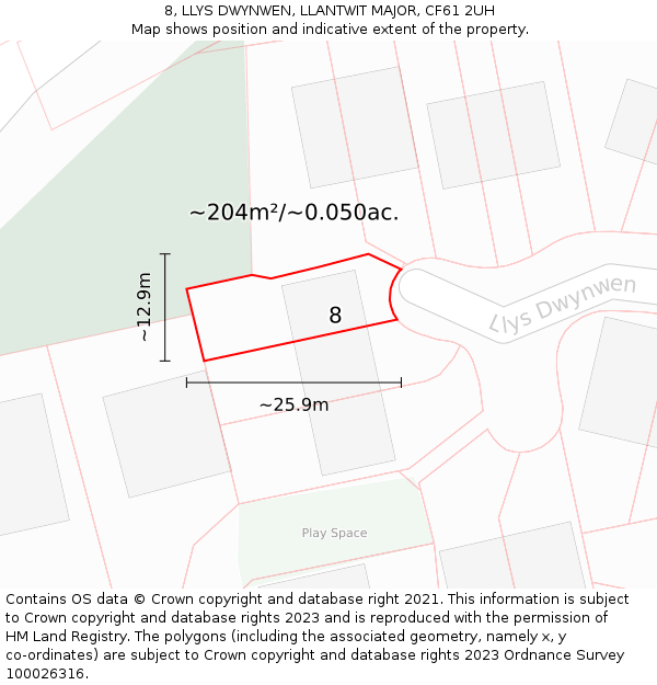 8, LLYS DWYNWEN, LLANTWIT MAJOR, CF61 2UH: Plot and title map