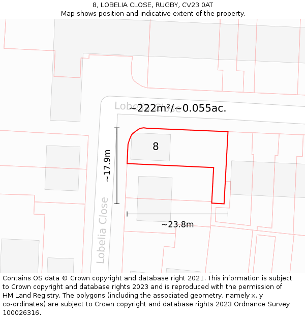 8, LOBELIA CLOSE, RUGBY, CV23 0AT: Plot and title map