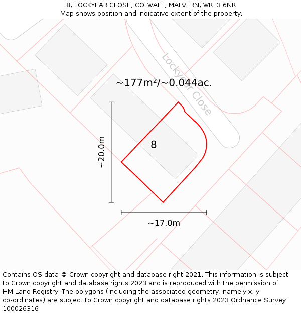 8, LOCKYEAR CLOSE, COLWALL, MALVERN, WR13 6NR: Plot and title map