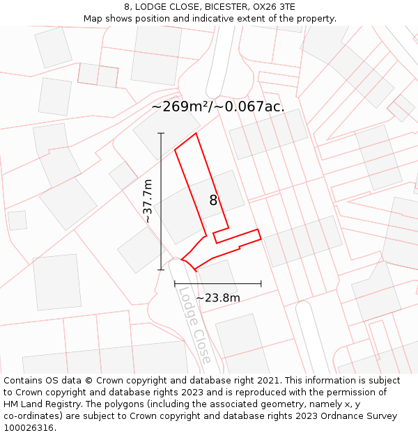 8, LODGE CLOSE, BICESTER, OX26 3TE: Plot and title map