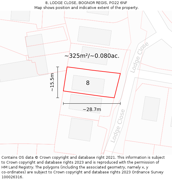 8, LODGE CLOSE, BOGNOR REGIS, PO22 6NF: Plot and title map
