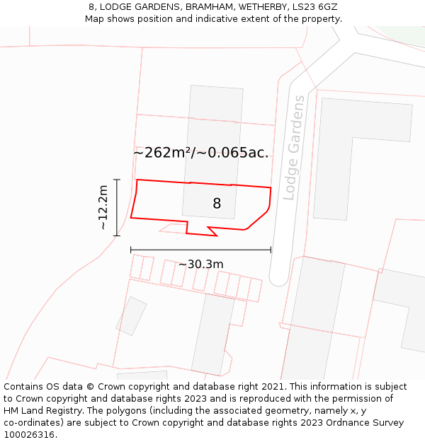 8, LODGE GARDENS, BRAMHAM, WETHERBY, LS23 6GZ: Plot and title map