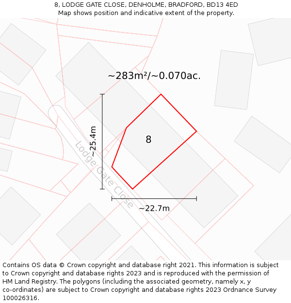 8, LODGE GATE CLOSE, DENHOLME, BRADFORD, BD13 4ED: Plot and title map