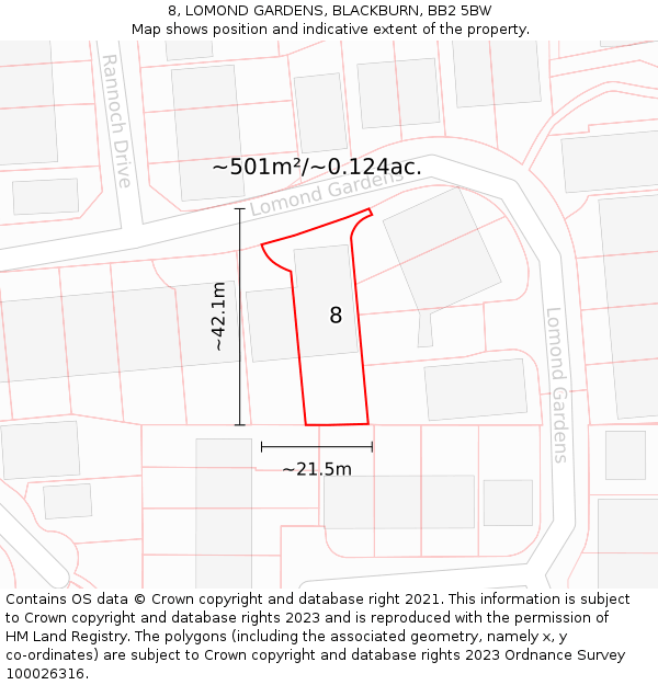 8, LOMOND GARDENS, BLACKBURN, BB2 5BW: Plot and title map
