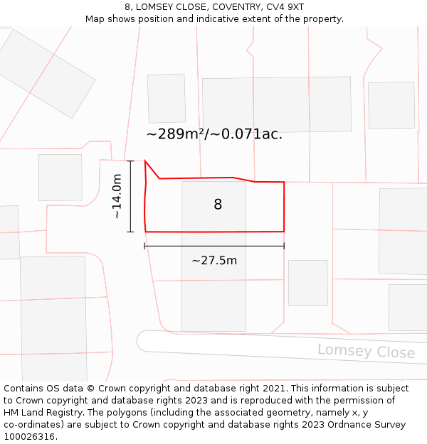 8, LOMSEY CLOSE, COVENTRY, CV4 9XT: Plot and title map