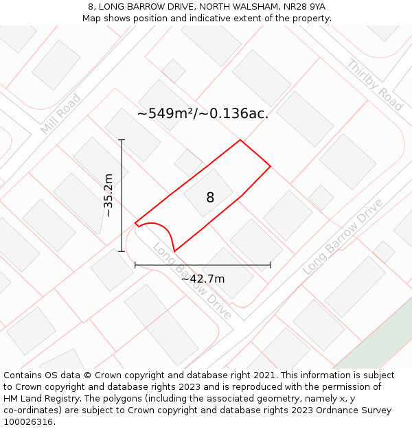 8, LONG BARROW DRIVE, NORTH WALSHAM, NR28 9YA: Plot and title map