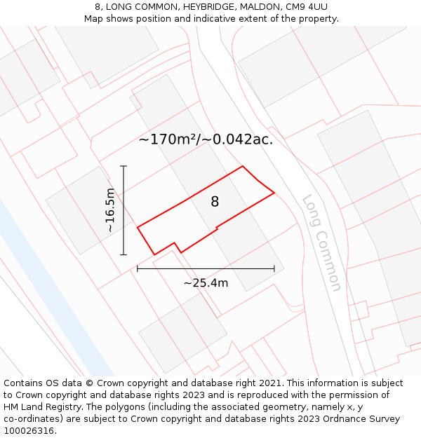8, LONG COMMON, HEYBRIDGE, MALDON, CM9 4UU: Plot and title map