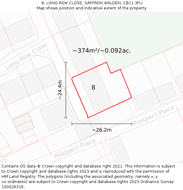 8, LONG ROW CLOSE, SAFFRON WALDEN, CB11 3FU: Plot and title map