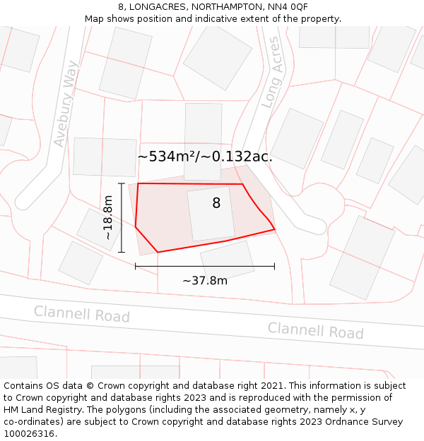 8, LONGACRES, NORTHAMPTON, NN4 0QF: Plot and title map