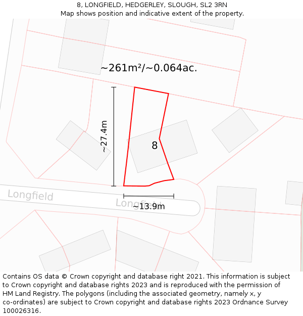 8, LONGFIELD, HEDGERLEY, SLOUGH, SL2 3RN: Plot and title map