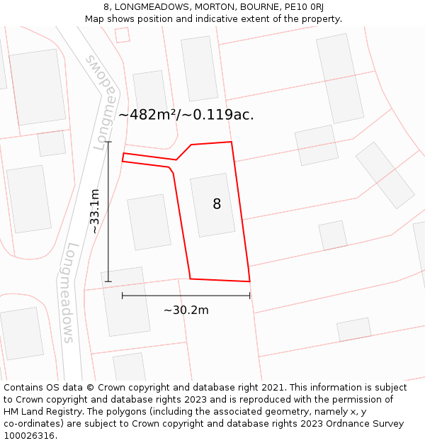 8, LONGMEADOWS, MORTON, BOURNE, PE10 0RJ: Plot and title map