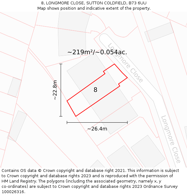 8, LONGMORE CLOSE, SUTTON COLDFIELD, B73 6UU: Plot and title map