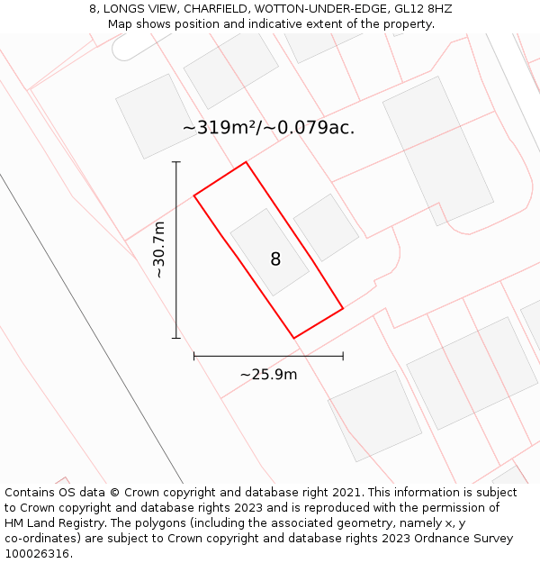 8, LONGS VIEW, CHARFIELD, WOTTON-UNDER-EDGE, GL12 8HZ: Plot and title map
