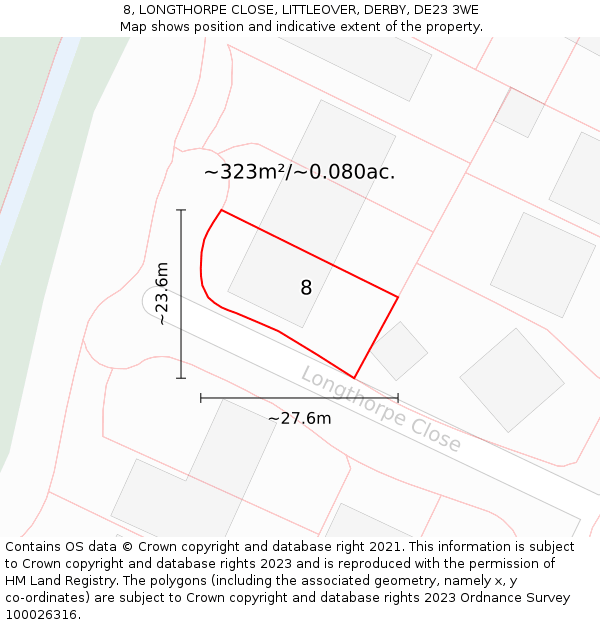 8, LONGTHORPE CLOSE, LITTLEOVER, DERBY, DE23 3WE: Plot and title map