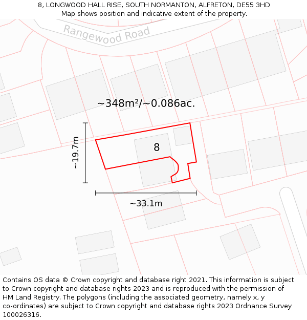 8, LONGWOOD HALL RISE, SOUTH NORMANTON, ALFRETON, DE55 3HD: Plot and title map