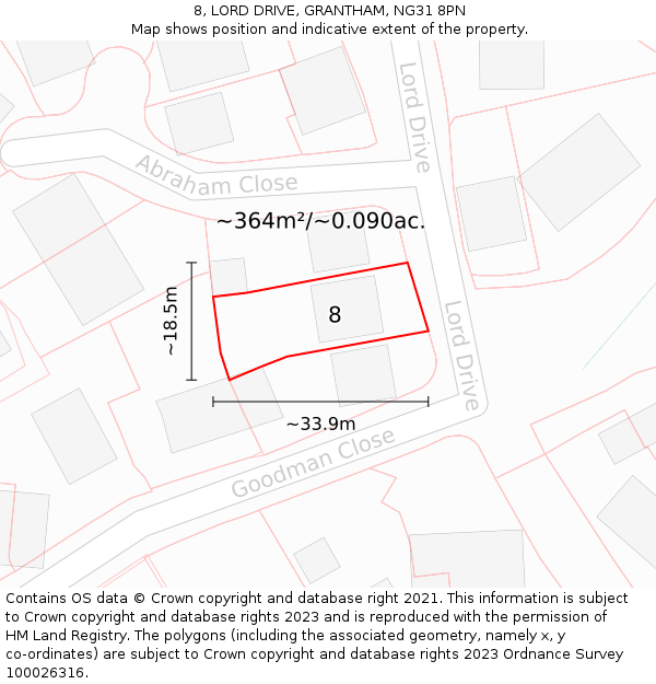 8, LORD DRIVE, GRANTHAM, NG31 8PN: Plot and title map
