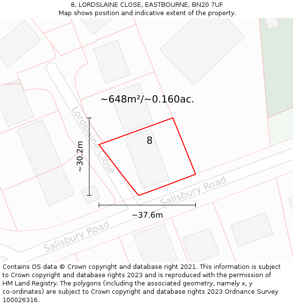 8, LORDSLAINE CLOSE, EASTBOURNE, BN20 7UF: Plot and title map