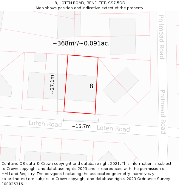 8, LOTEN ROAD, BENFLEET, SS7 5DD: Plot and title map
