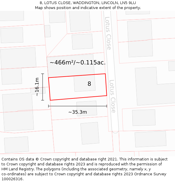 8, LOTUS CLOSE, WADDINGTON, LINCOLN, LN5 9LU: Plot and title map